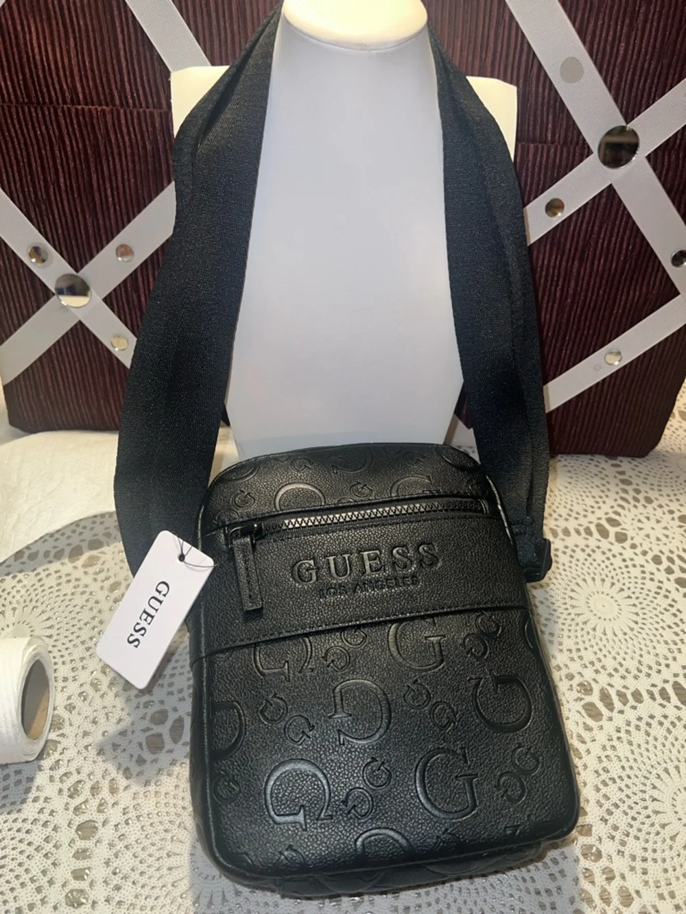 GUESS Black Embossed Logo Messenger Crossbody